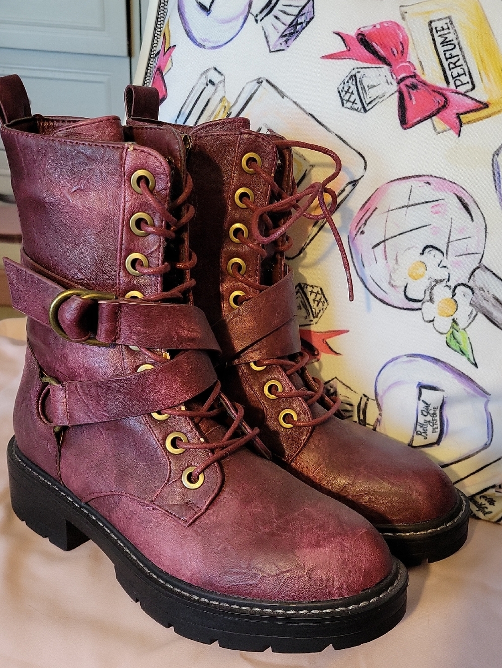 Seven7 Burgundy Lace-Up Combat Boots with Buckle Straps